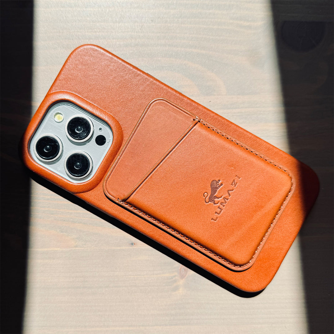 sienna brown tan leather magsafe case cover wallet card holder full grain premium LUMAZI