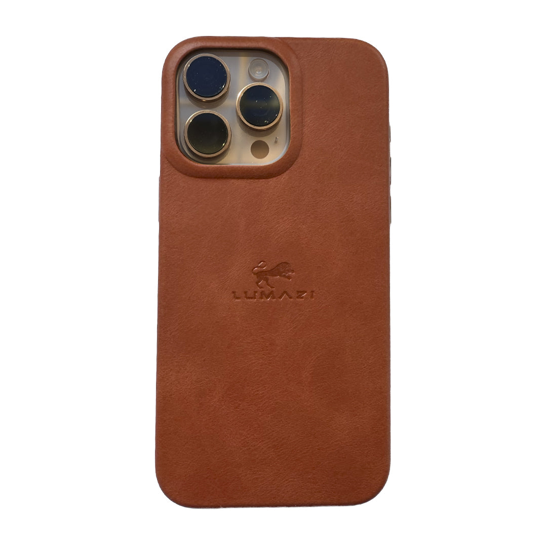 LUMAZI sienna brown handmade, full-grain leather iPhone 16 Pro Max case with MagSafe