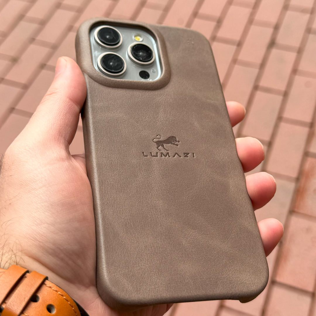 premium full grain leather case cover iphone taupe beige grey magsafe LUMAZI tan