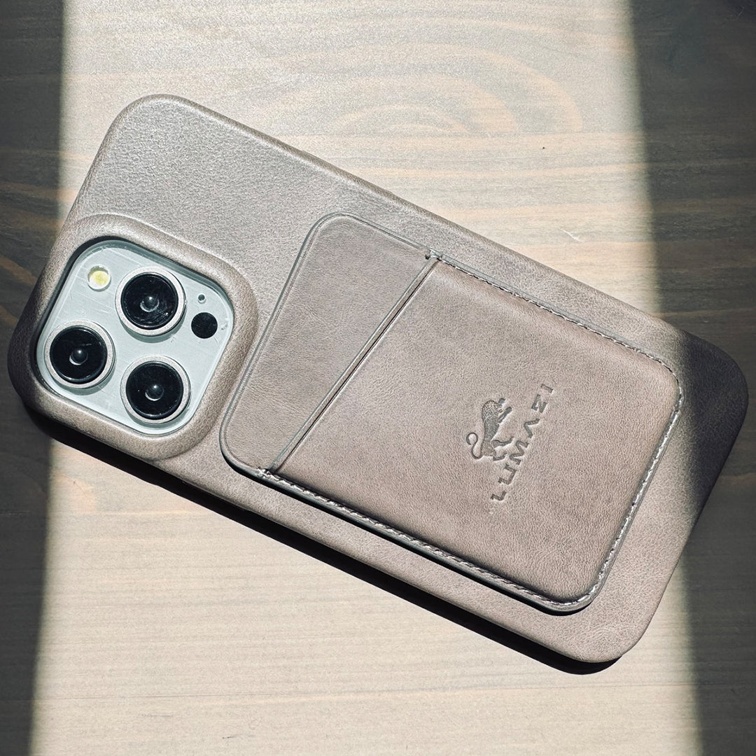 taupe leather magsafe case wallet card holder full grain premium tan LUMAZI