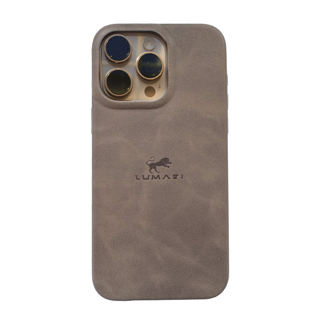 LUMAZI Taupe tan grey brown handmade, full-grain leather iPhone 16 Pro Max case with MagSafe