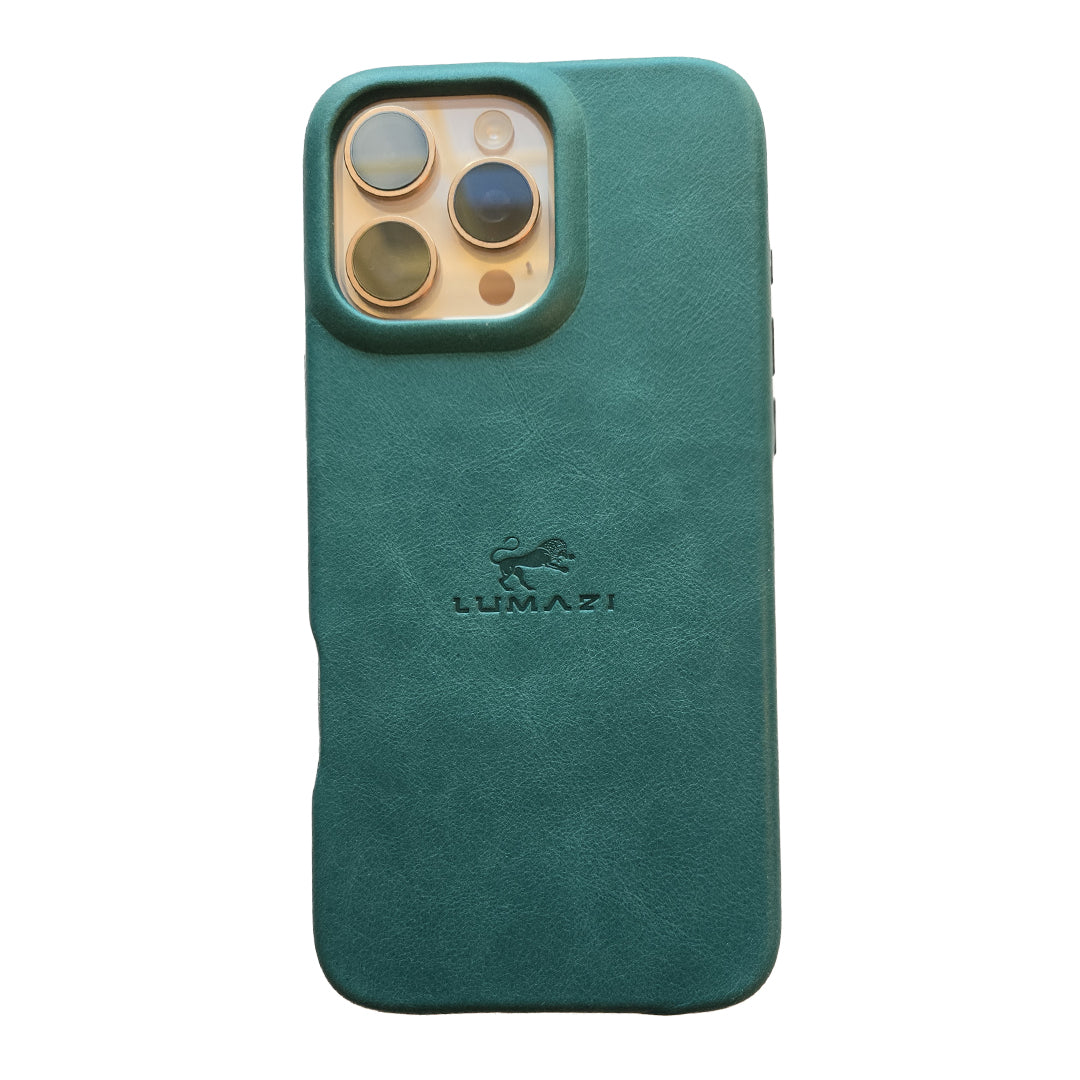 LUMAZI Pharaonic Turquoise handmade, full-grain leather iPhone 16 Pro Max case.